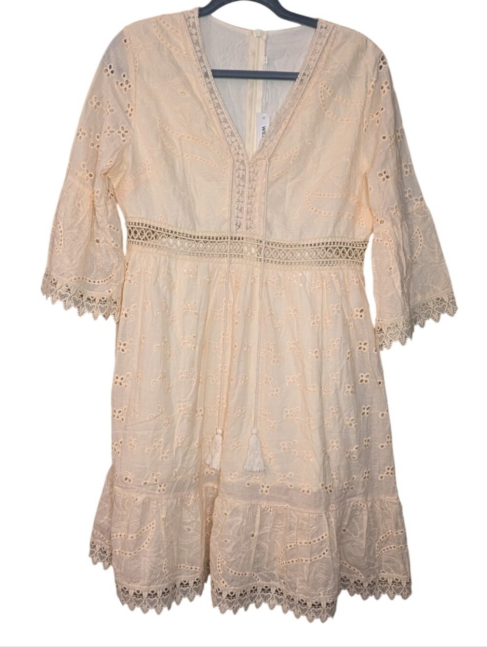 Wilifred Smith ivory eyelet lace mini dress V-Neck Bell Sleeve Size Large boho - Picture 7 of 7